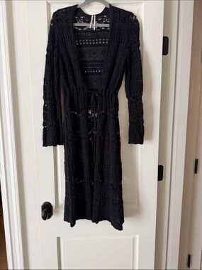 Anthropology Black Crochet Long Sleeve Drawstring Dress